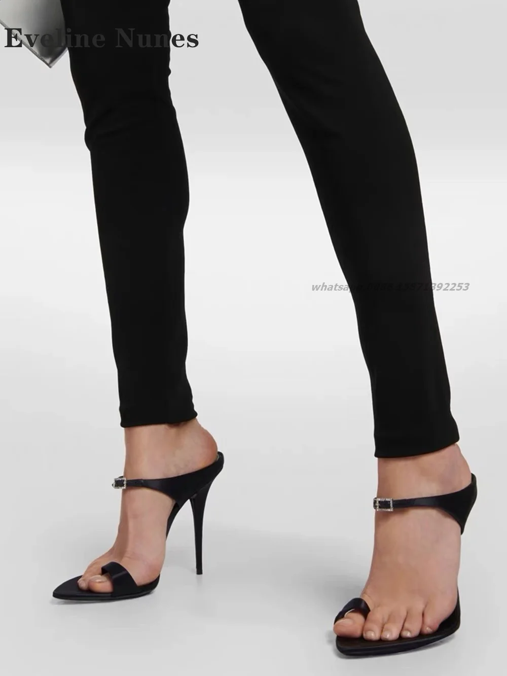 Clip Toe Straight Strap Slides Rhinestone Buckle Strap Slip On Women\'s Sandals Side Air Slingback Elegant Woman Heeled Shoes