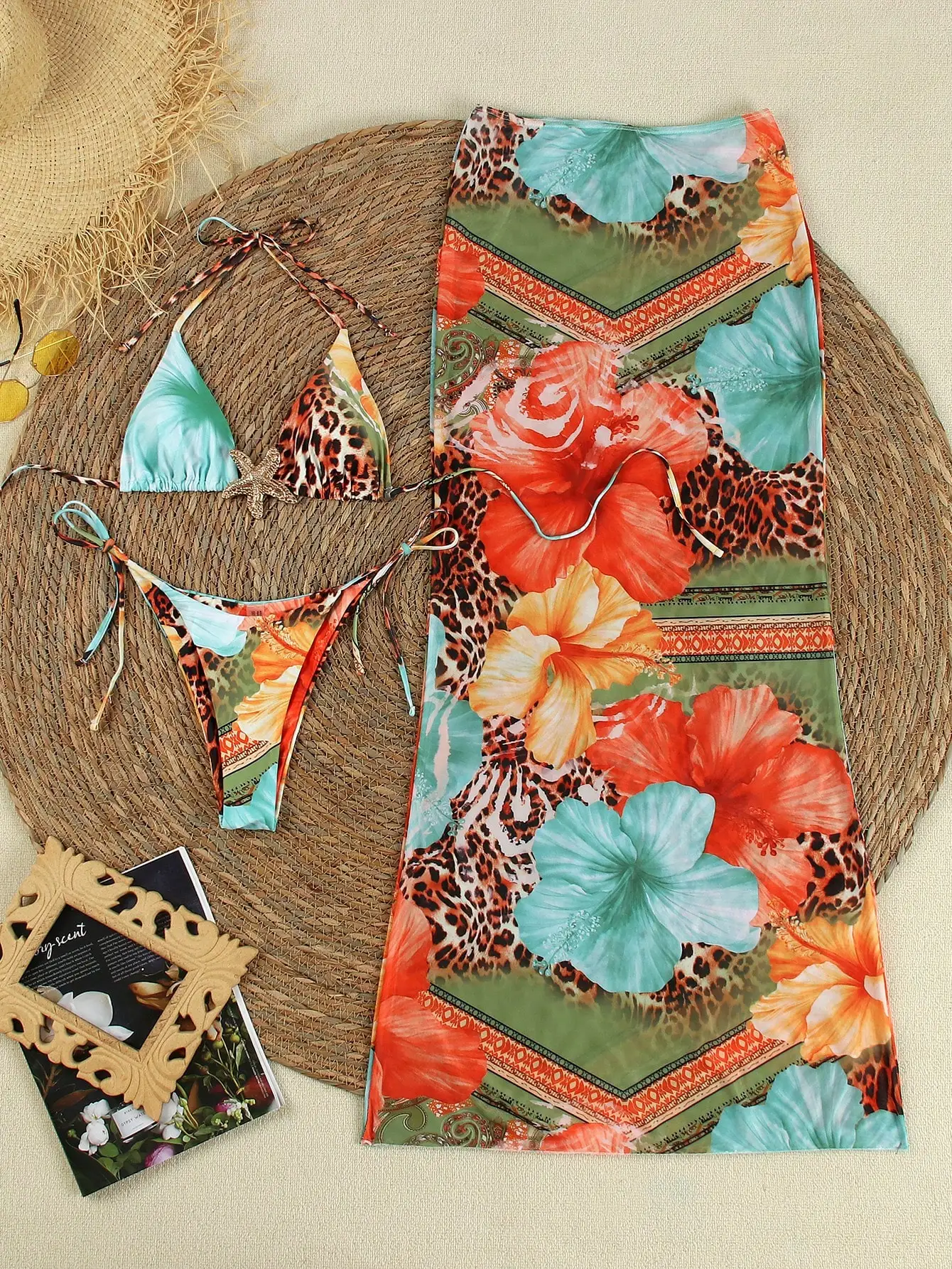 

Sexy Leopard Floral Print Halter Bikini Set With Sarong Skirt Beach Vacation Outfit