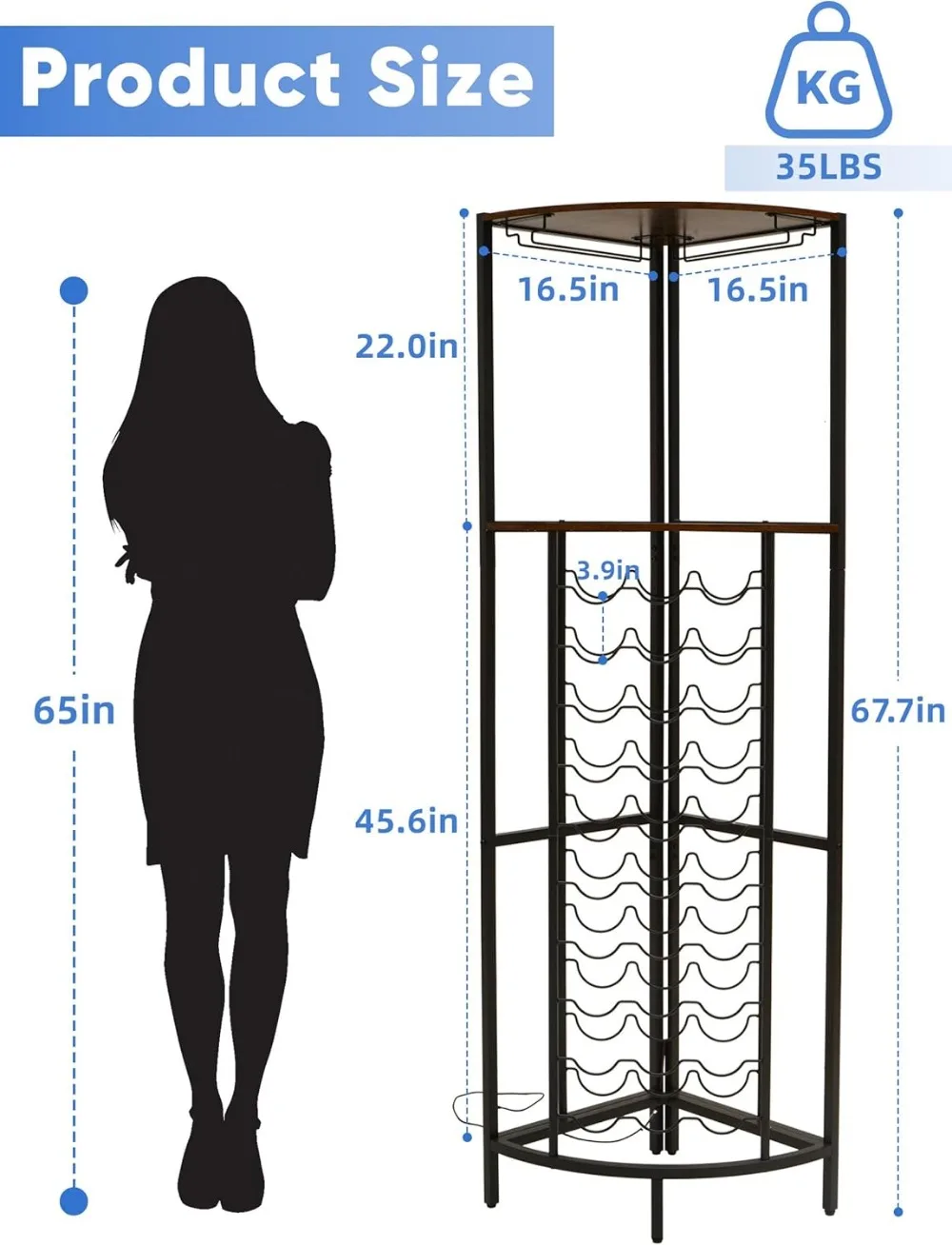 Portabottiglie angolare con luci a LED, contiene 30 bottiglie e bicchieri, stile industriale per il soggiorno della cucina del bar di casa