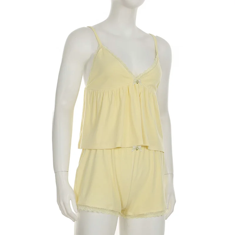 

Women's Summer Pajamas Set Stylish Embroidery Lace Trim Camisole Tops with Shorts Lounge Wear Y2K Cute 2 Pcs Set