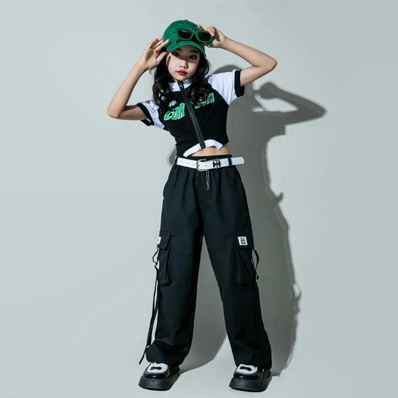 

Kid Cool Hip Hop Clothing Mock Neck Zip up T Shirt Crop Top Black Strap Street Cargo Pants for Girl Jazz Dance Costume Clothes