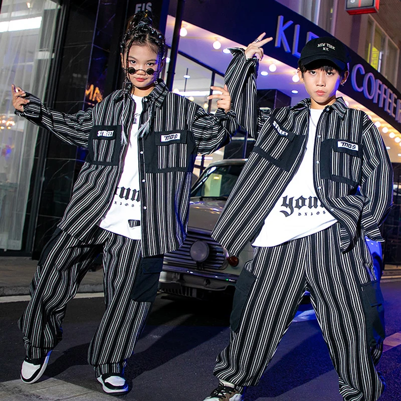 Fashion Black Striped Shirt Pants For Girls Boys Jazz Dance Costumes Kids Hip Hop Clothing Stage Outfits Street Dancewear SL7466