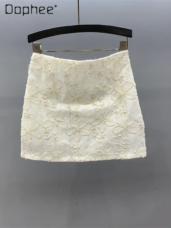 High End Beaded Sequined Flower Print Mini Skirt Women OL Fashion Temperament High Waist A-line Skirt Elegant Socialite Skirts