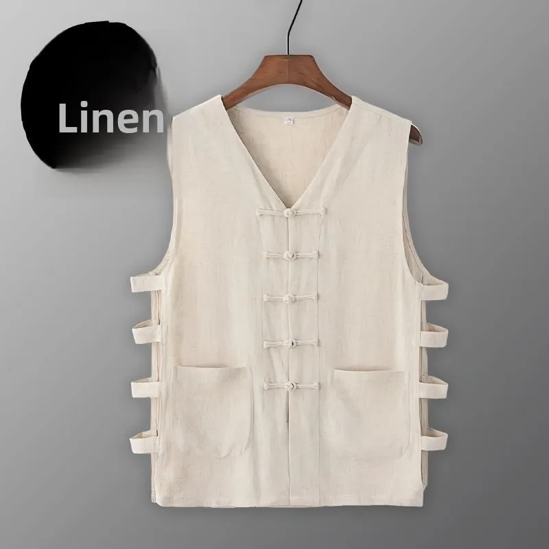 Summer Casual Lin Men's Sleeveless Vest Cotton Linen Retro Button Chinese Style Gown Old Man Shirt Mid-Year Leisure Scene