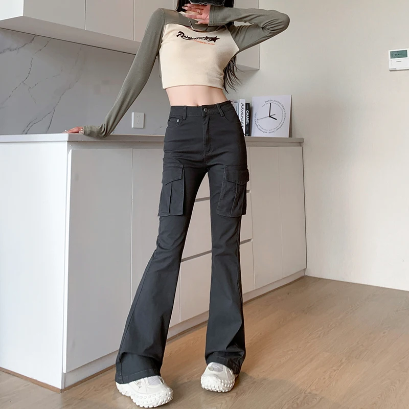 Grey Flared Pants Female Streetwear High Waisted Slim Jeans for Women Spring Summer Pockets Cargo Pants Black Trousers