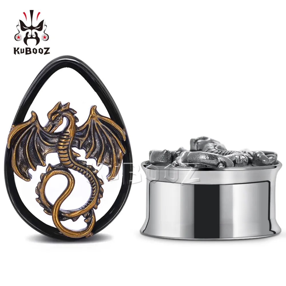 KUBOOZ Trendy Stainless Steel Fiery Dragon Ear Tunnels Plugs Expander Earrings Gauges Body Jewelry Piercing Stretchers 2PCS