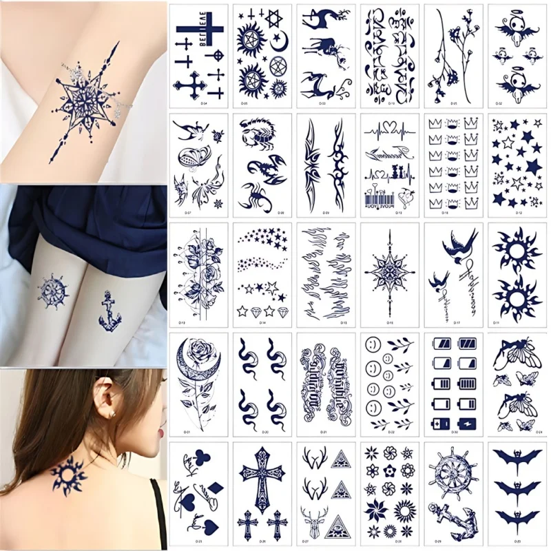 30pcs/lot Herbal Juice Tattoo Sticker for Women Men Battery Display Tiny Flower Deer Cross Snake Semi-Permanent Temporary Tattoo