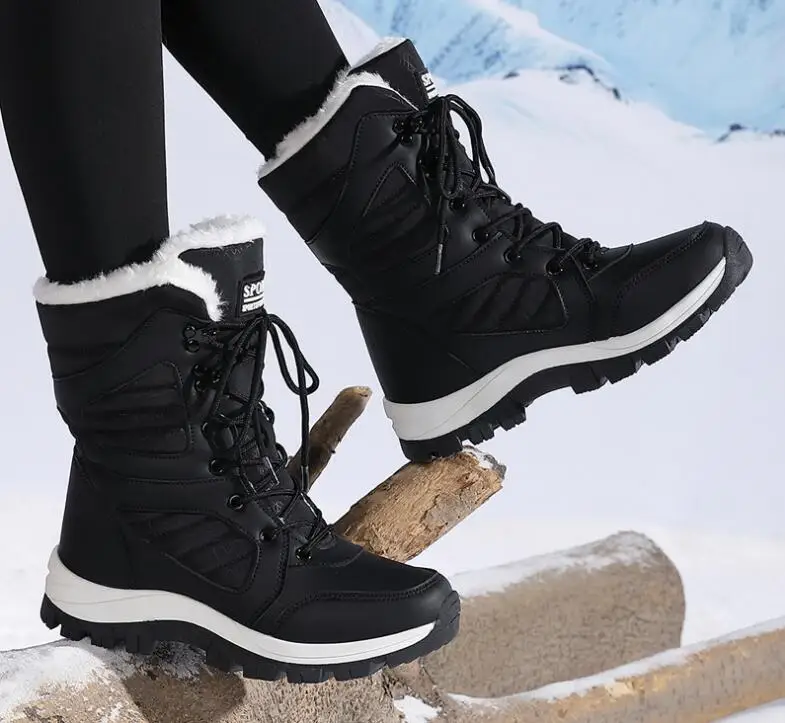 

Новинка 2024, женские ботинки на платформе, зимние плюшевые теплые зимние туфли на плоской подошве, женские модные удобные ботинки до середины икры на шнуровке