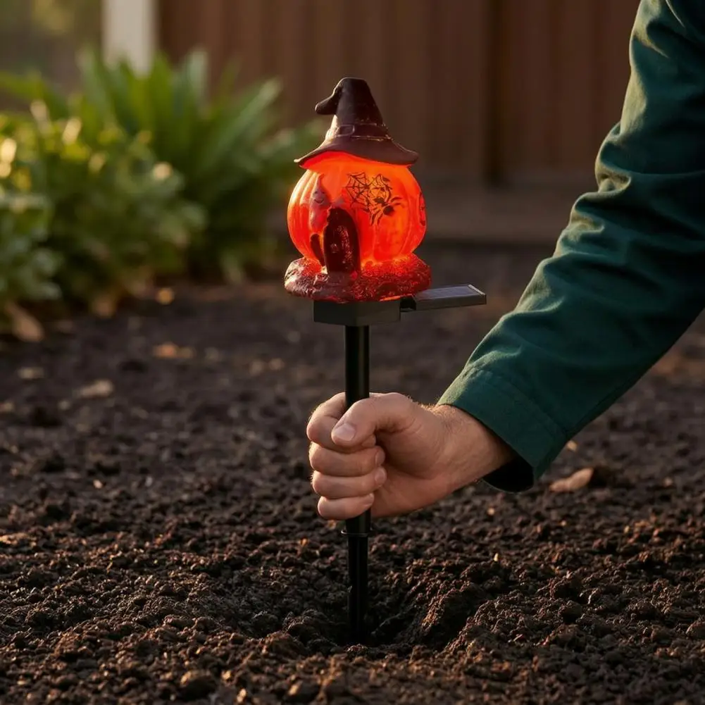 Waterproof Resin Garden Stakes Solar Pumpkin Garden Light Halloween Decor Witch Hat Ghost Resin Yard Stake Waterproof for Party