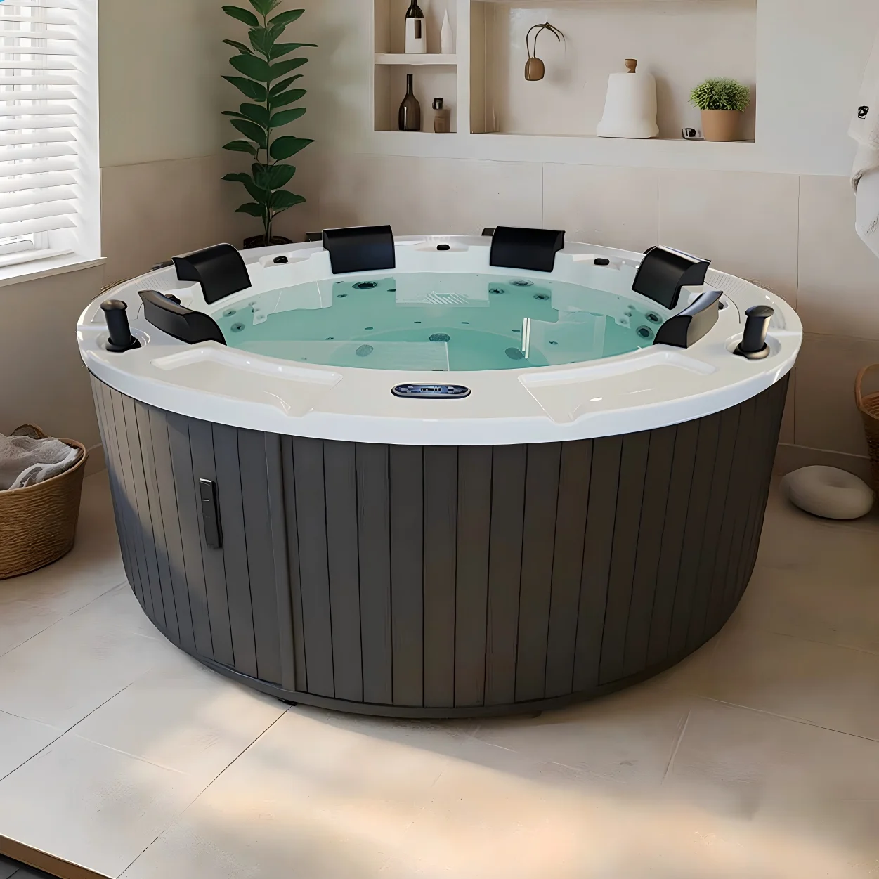 Outdoor Hot Tub with 10 Stainless Steel Jets, Acrylic Heated Massage Spa, 2450x2450x980mm 6 Person Freestanding Spa Tub, Villa view 2