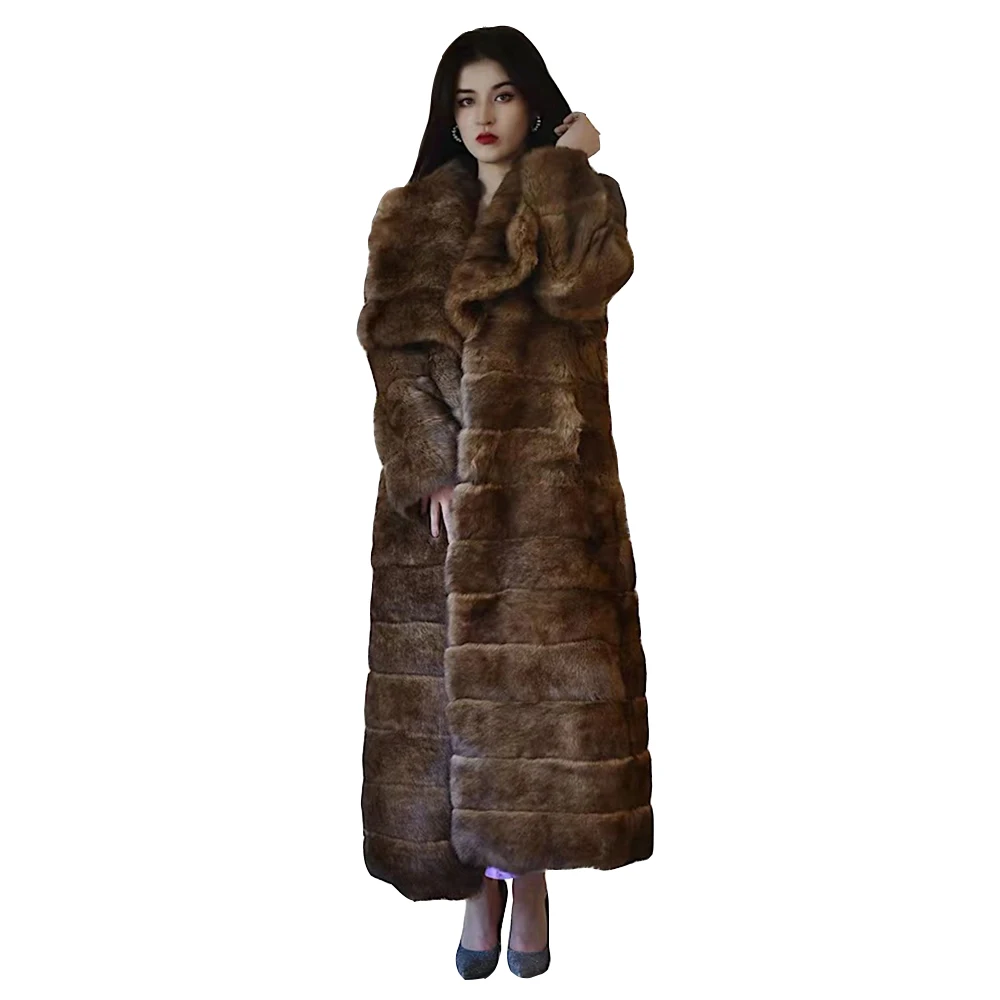 Furyoume 2024 New Winter Women X-long Genuine Rex Rabbit Fur Coat Full Sleeve Chinchilla Overcoat Gruba, ciepła, luksusowa kurtka