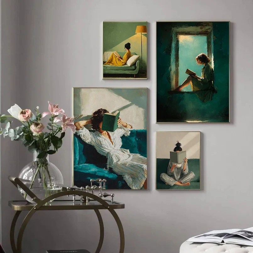 Vintage Emerald Green Bookish Woman Reading Posters Book Lover Office Prints Canvas Painting Wall Art Pictures Home Room Decor