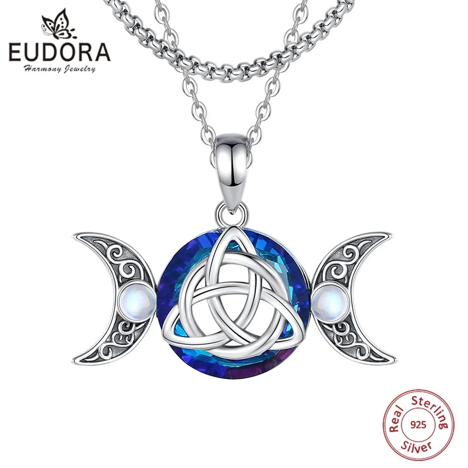 Eudora 925 Sterling Silver Triple Moon Goddess Necklace Austrian Crystal Moonstone Witch Knot Amulet pendant Witchcraft Jewelry