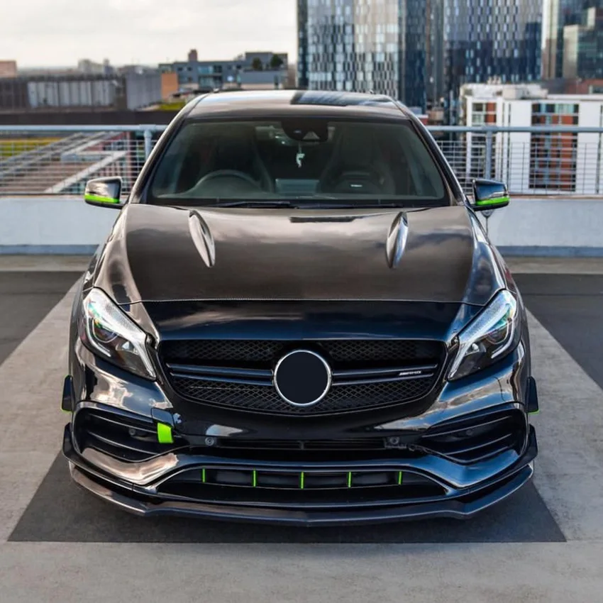 لمرسيدس بنز A Class W176 A200 A260 A45 AMG 2013-2018 مصدات أمامية للسيارة سبويلر لامع أسود أو ألياف الكربون