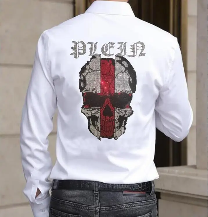 

Men's Fashion Rhinestone Anime Graphic Skulls Long Sleeve Striped Fit Shirts Casual Tops Blouse Hot drill camisa