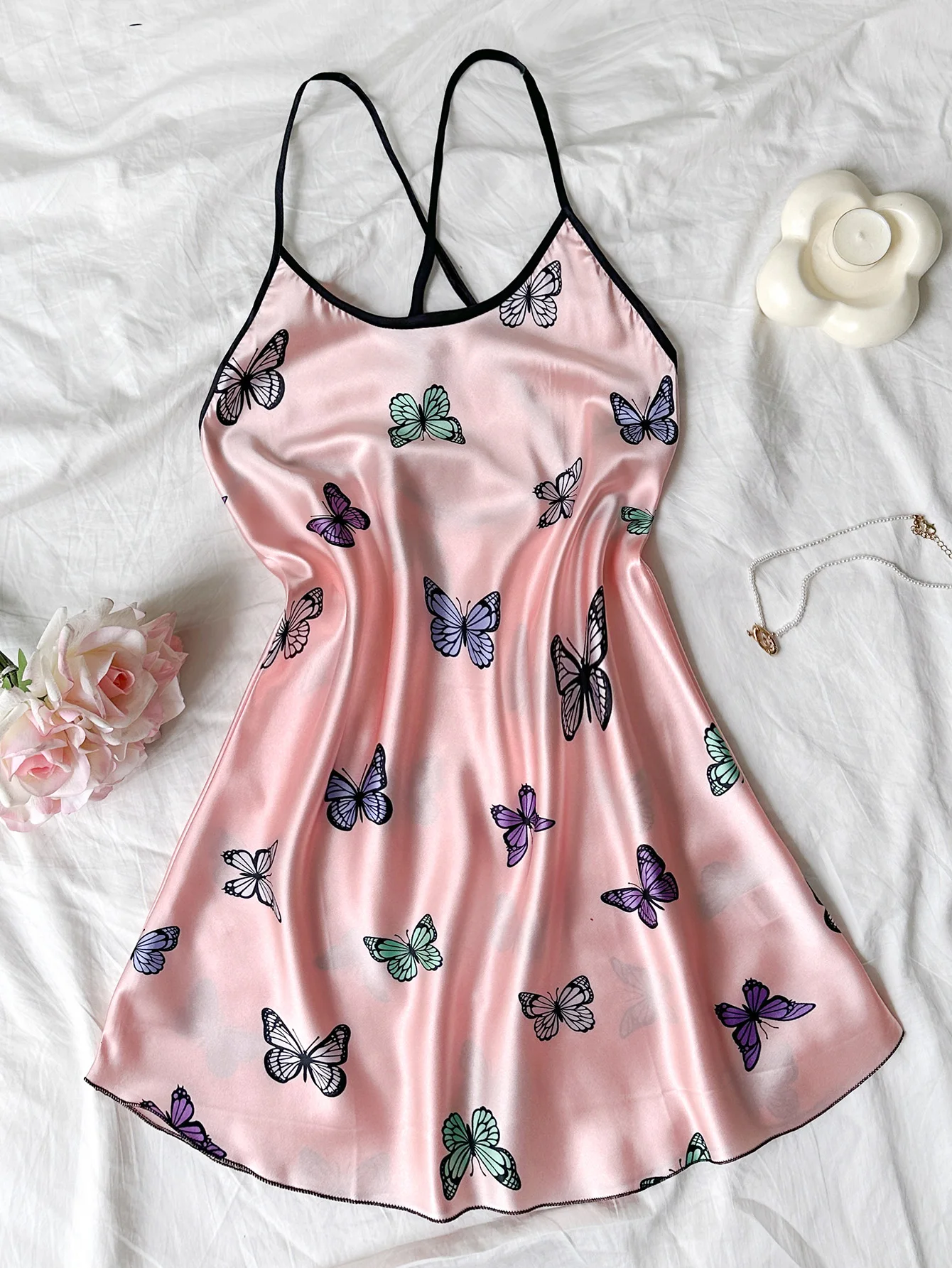 European-style ice silk slip nightdress sexy backless pajama lady imitation silk casual breathable printed butterfly slip dress