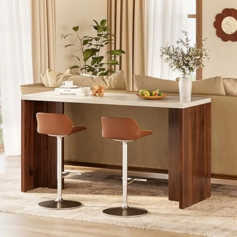 Home Bar Table, 55-Inch Long Counter Height Pub Table with a Faux Marble Finished Tabletop, Narrow Rectangular Indoor Bar Unit