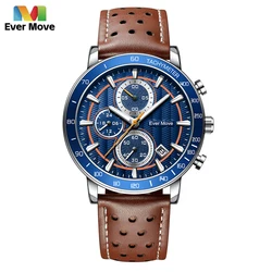 Ever Move Luxury Watch for Men Multifunctional Chronograph Leather Quartz Wrist Watches Waterproof Military Sports Male Clock