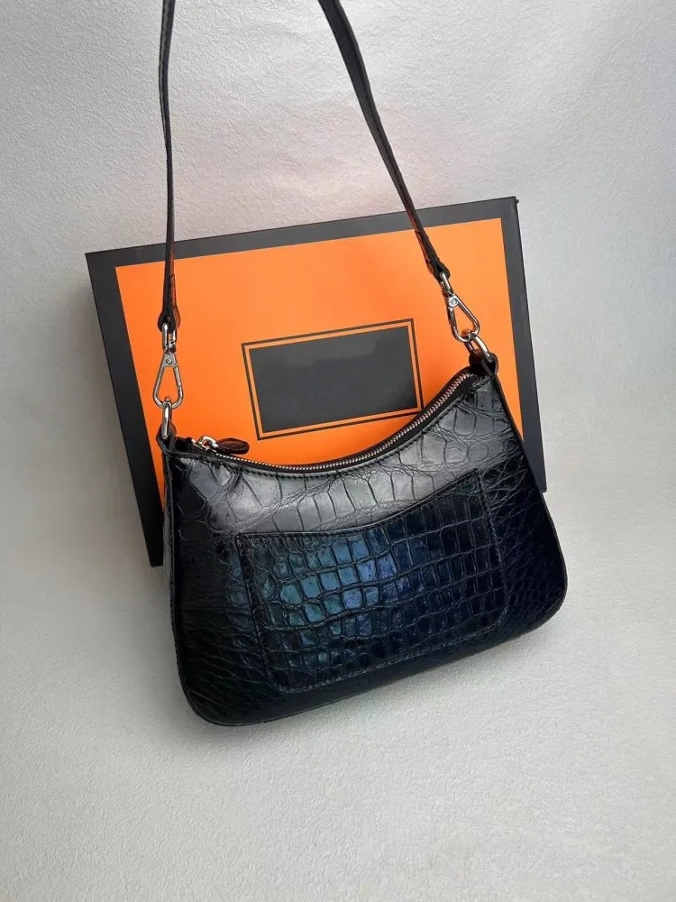Fashion Womens Versatile Single Shoulder Bag Zipper Soft Black Crocodile Genuine Leather Casual Ladies Underarm Crossbody Bags
