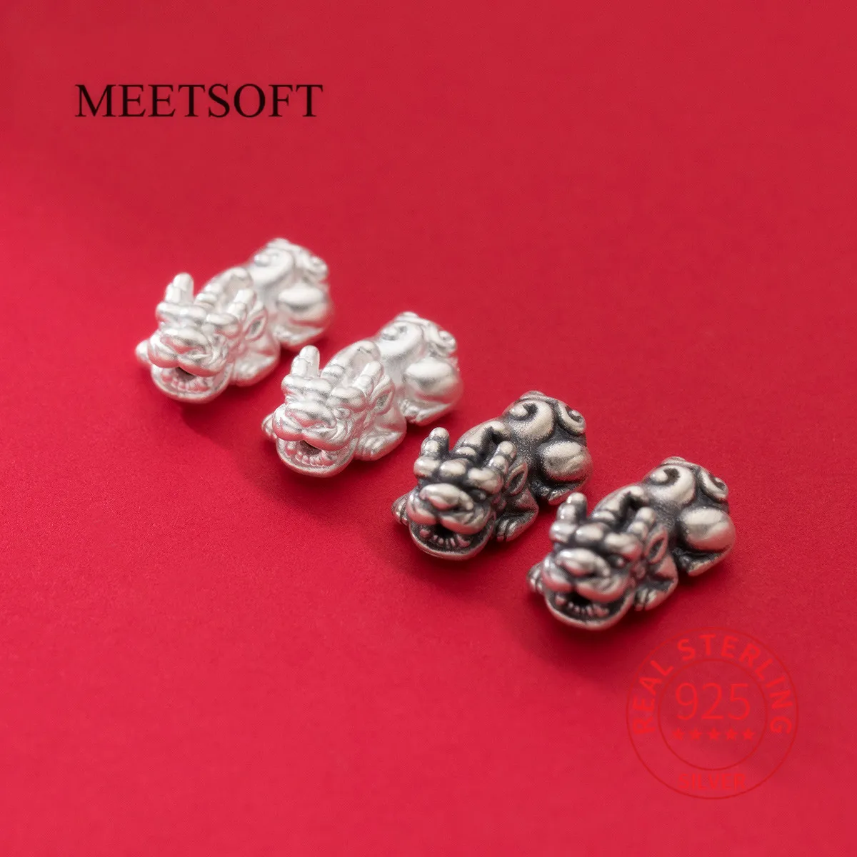 MEETSOFT  999 Hard Sterling Silver Pixiu Mythical Beast Animals Space Bead Charms Handmade of DIY Jewelry Wholesale Accessory