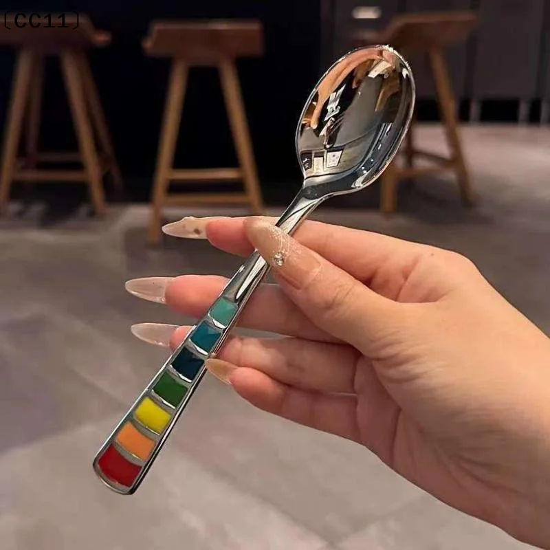 2Pcs Macaron-Colored Stainless Steel Dessert Spoons High-Aesthetic Colorful Enamel Spoons For Home Kids Picnics & Bento〔CC11〕