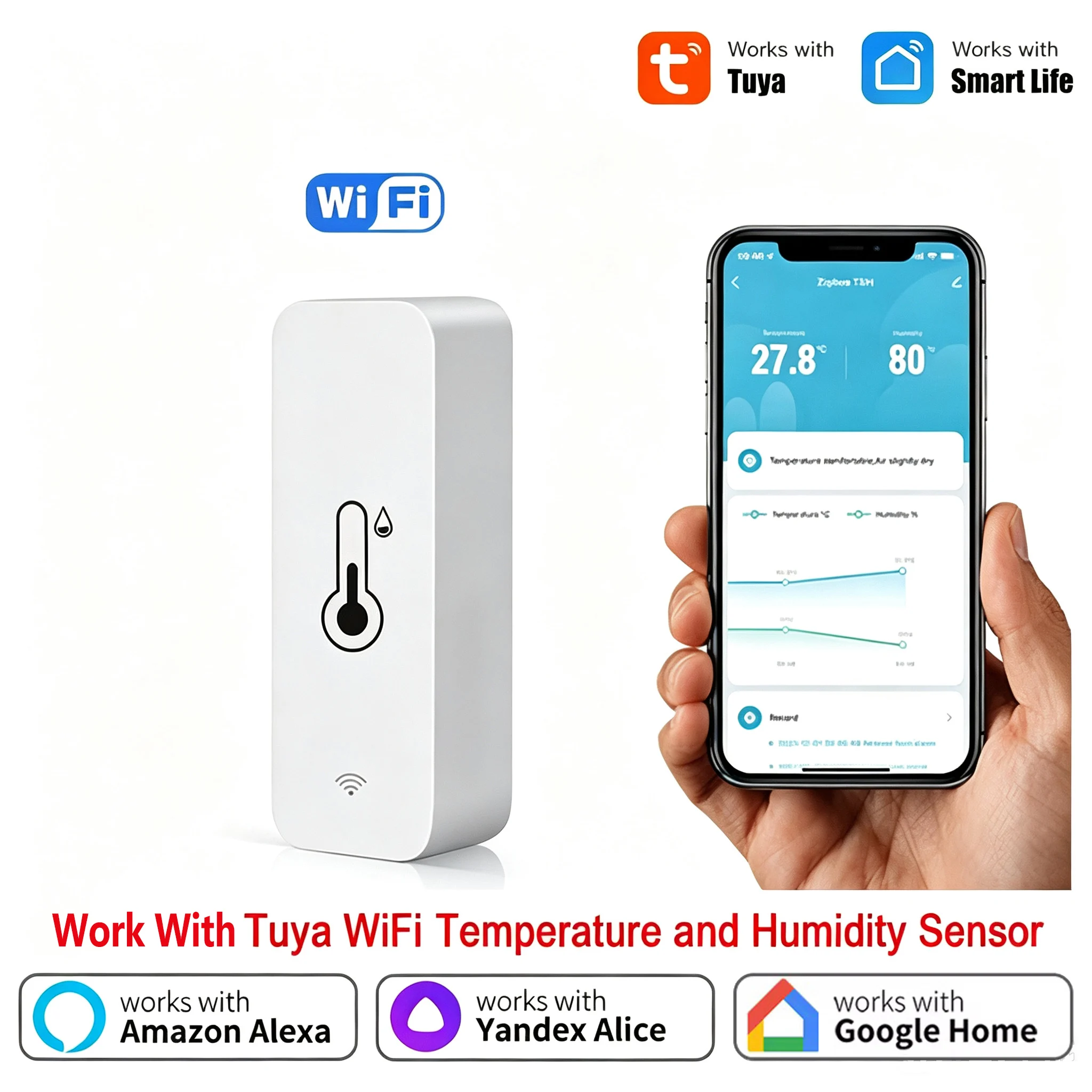 Smart WiFi Temperature Humidity Sensor Indoor Hygrometer Thermometer APP Remote Monitor Works with Tuya Alexa Google