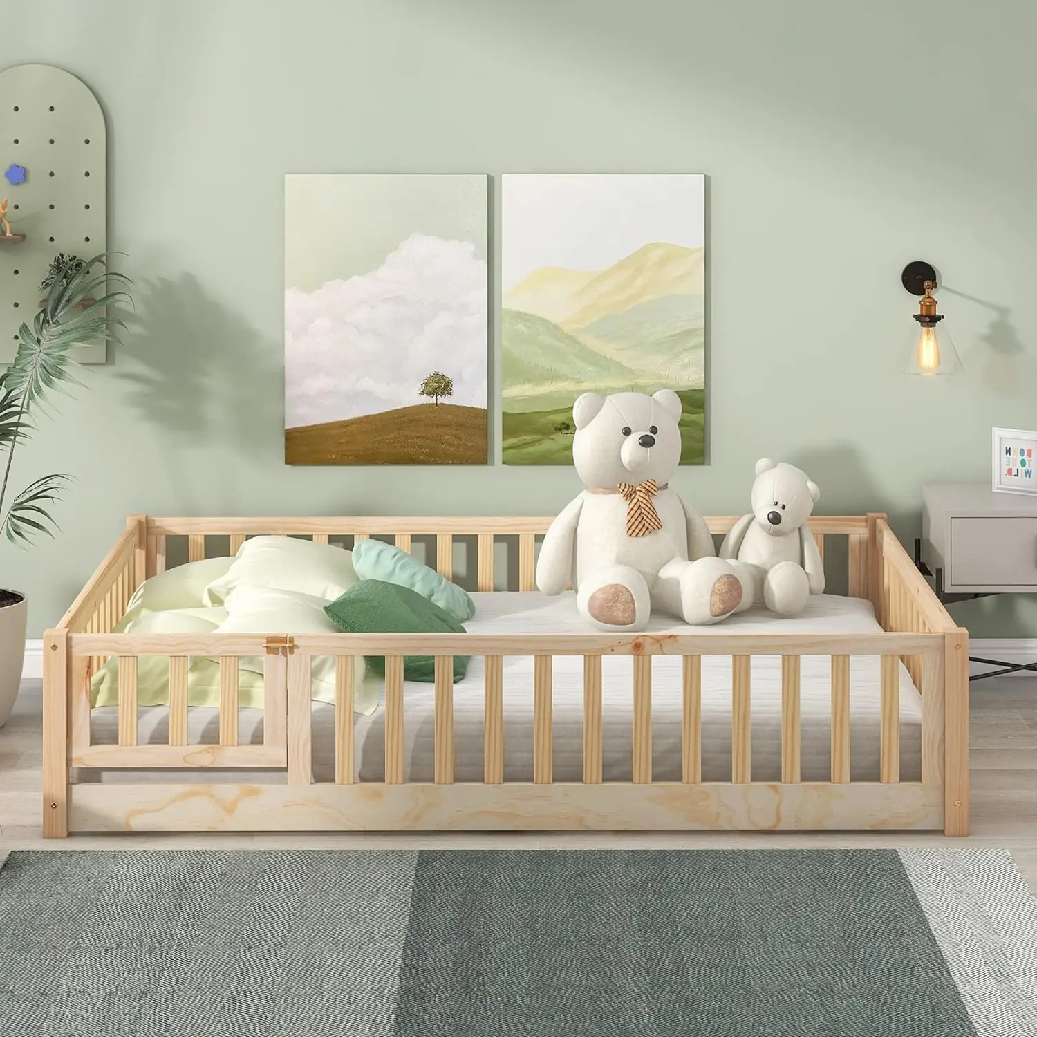 Estrutura de cama de chão de tamanho completo com cerca de segurança e porta, cama de chão montessori de madeira com suporte de ripas, estrutura de cama montessori f