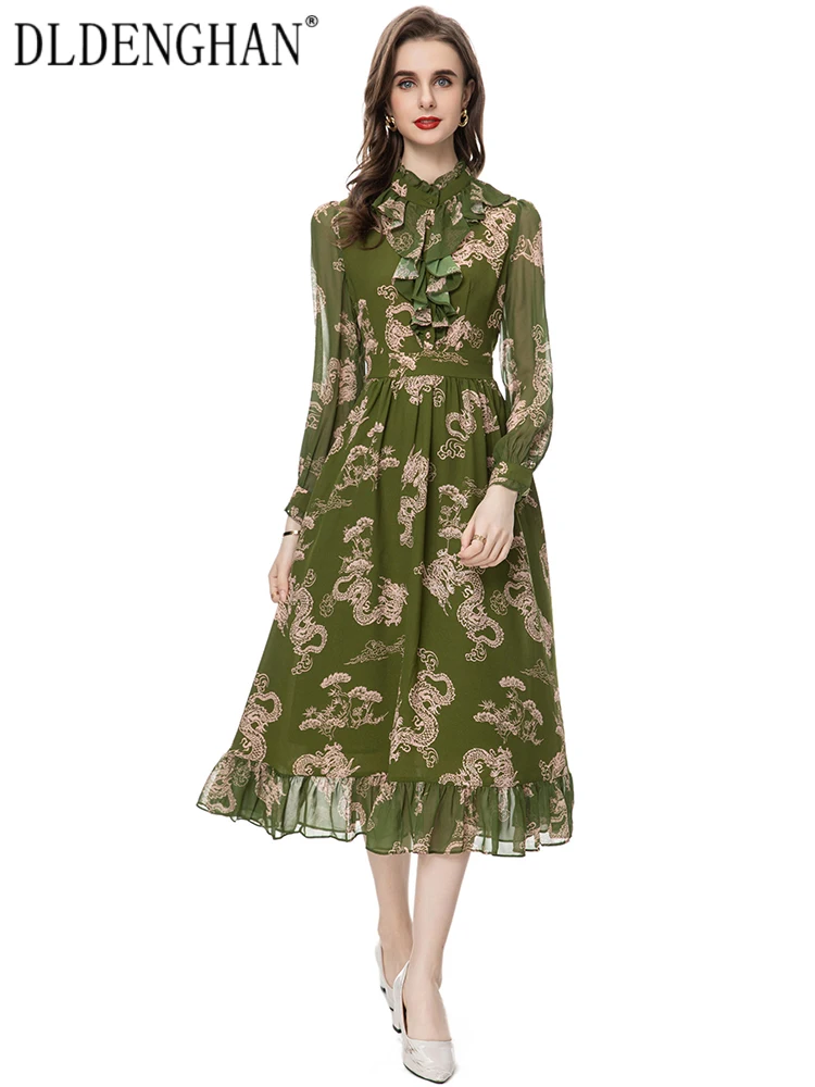 

DLDENGHAN Spring Chinese Style Print Dress Women Stand Collar Lantern Sleeve Ruffles Vintage Elastic Waist Dresses Fashion New