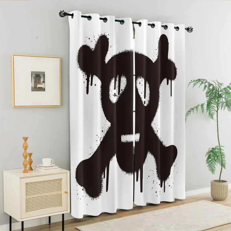

2Pcs Streetwear Style Art Skull Print Perforated Blackout Curtains, Multi Size Living Room Teen Bedroom Insulation Decoration