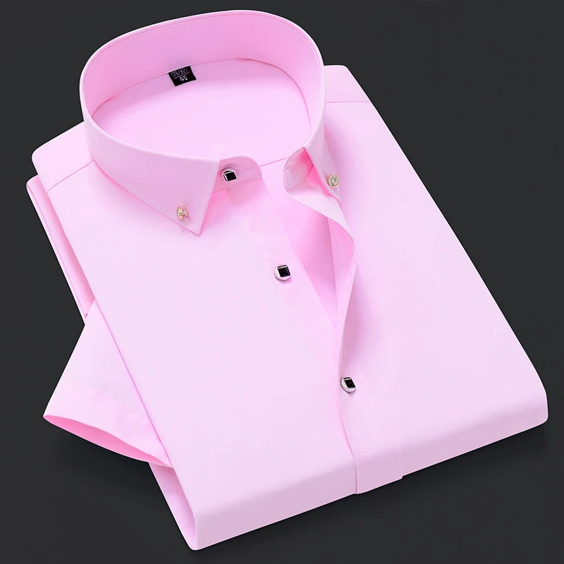 Men Short Sleeve Dress Shirt Summer Non-iron Solid Color Basic Business Formal Stretch Soft Wrinkle-resistant Office Tops NS5843