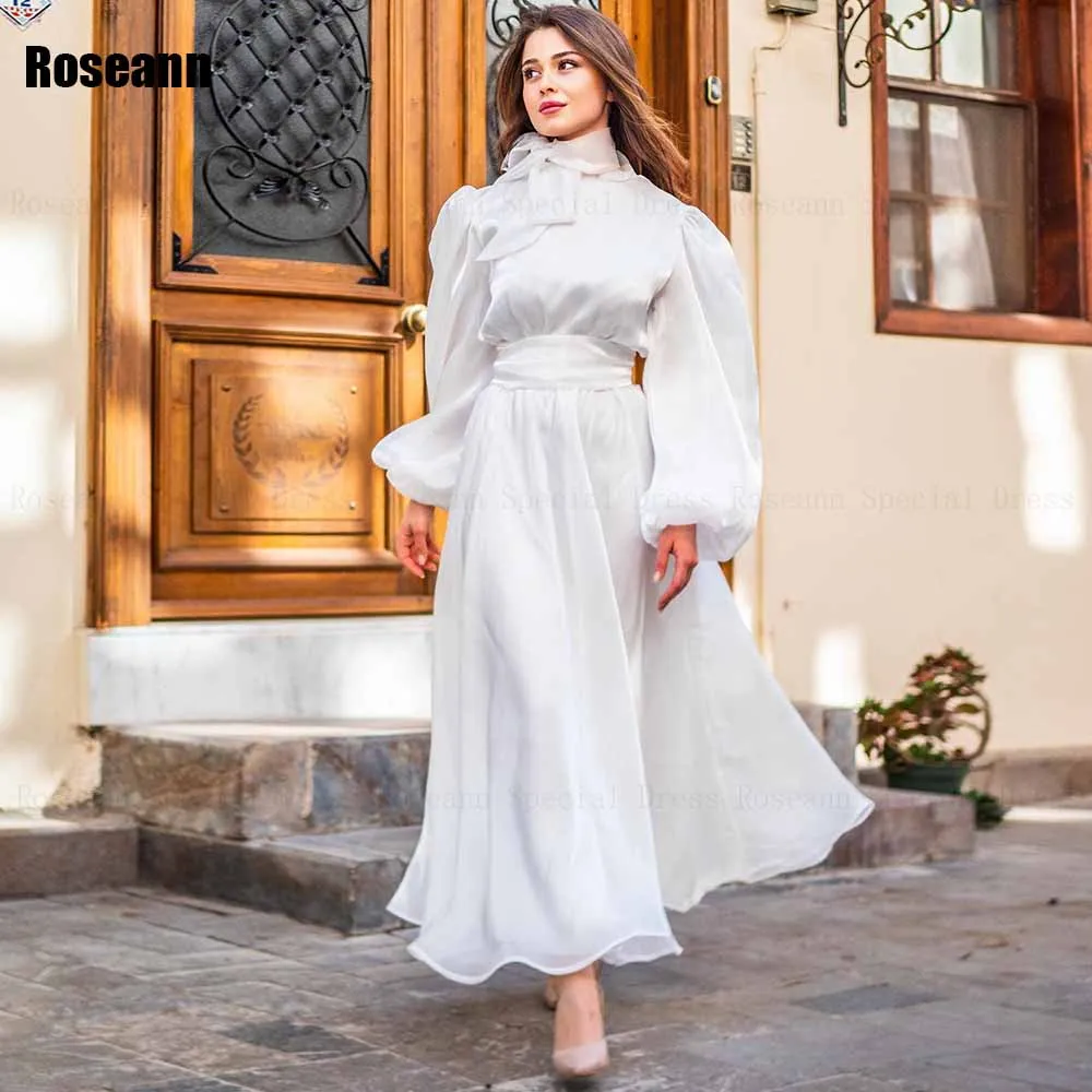 Muslim 2024 Design High Collar A-line Wedding Dresses Exquisite Puff Sleeve Draped Pleat Anke Length Bride Dress robe de mariée