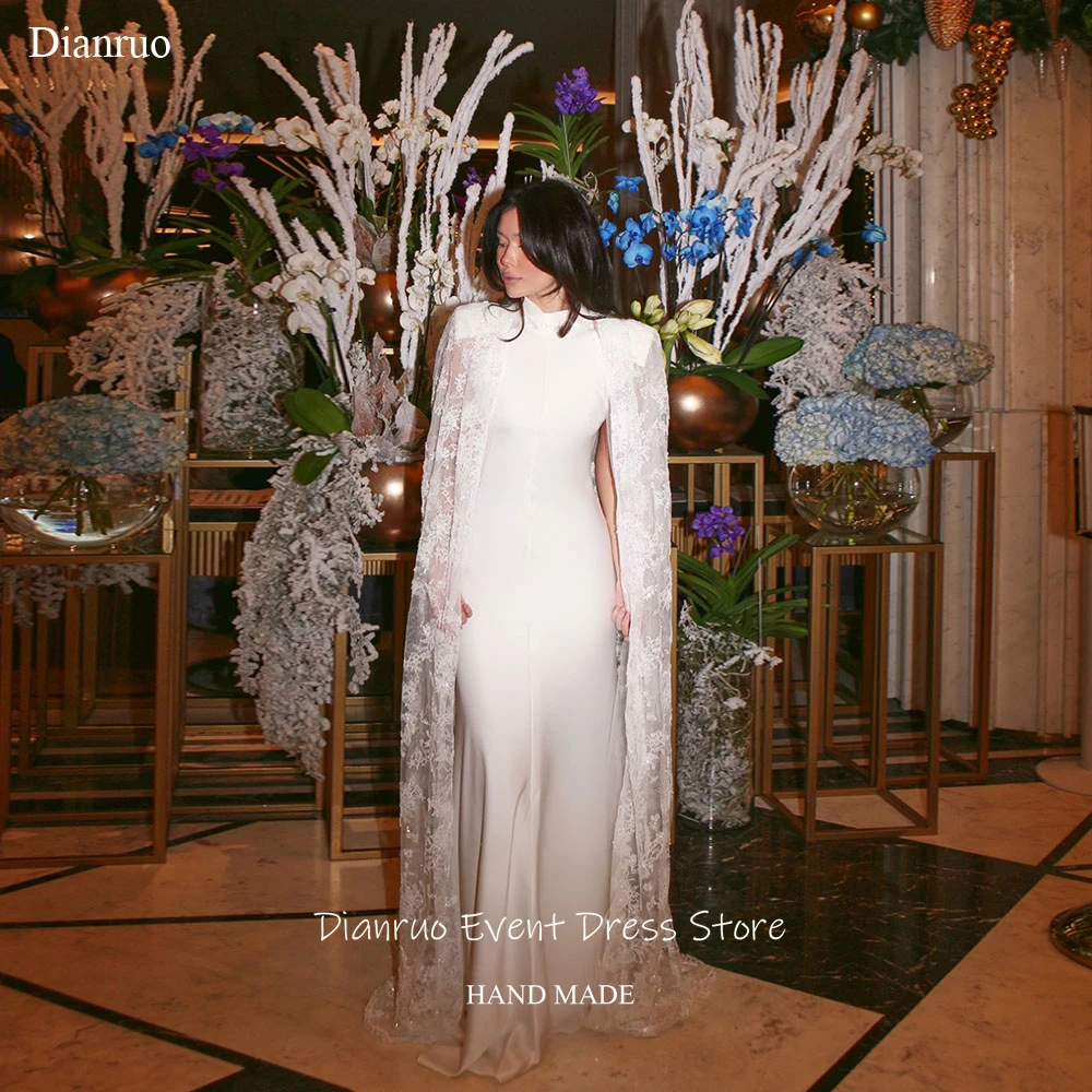 

Dianruo Delicate Lace Cape Wedding Dress Floor Length Bridal Vestido De Noiva Formal High Neckline Evening Dresses Customized