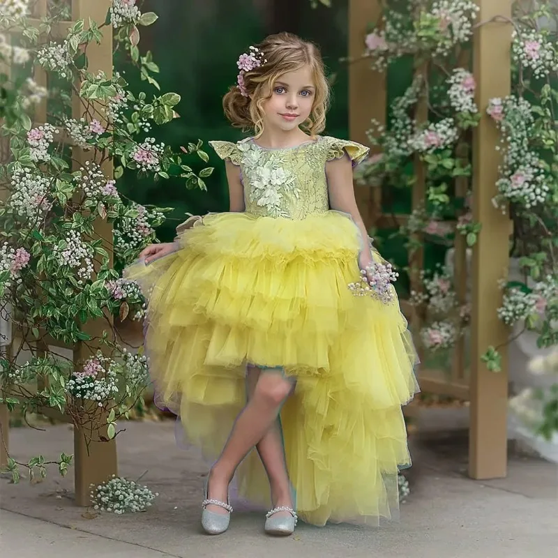 Vestido floral personalizado para meninas, roxo, gola alta e baixa, para festa de casamento, aniversário, princesa, vestido de tule