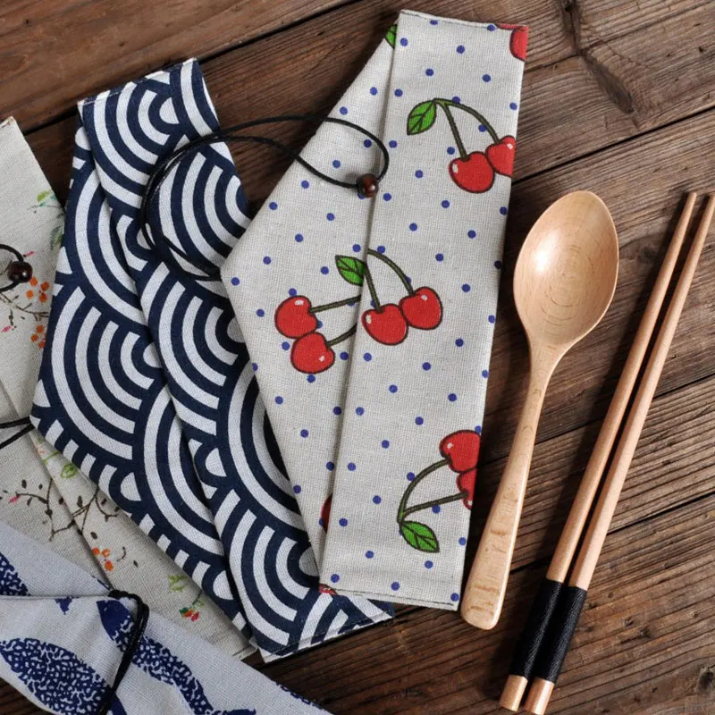 Japanese Style Portable Tableware Bag Reusable Drink Straw Chopstick Cutlery Pouch Drawstring Bag Cutlery Bag For Spoon Fork