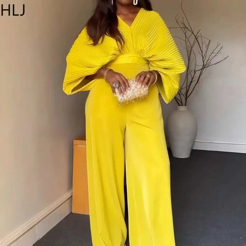 HLJ Elegant Ruched Patchwork 2 Piece Sets Woman Outfit V-neck Batwing Sleeve Top and  Wide Leg Pants Suit Fashion Streetwear New