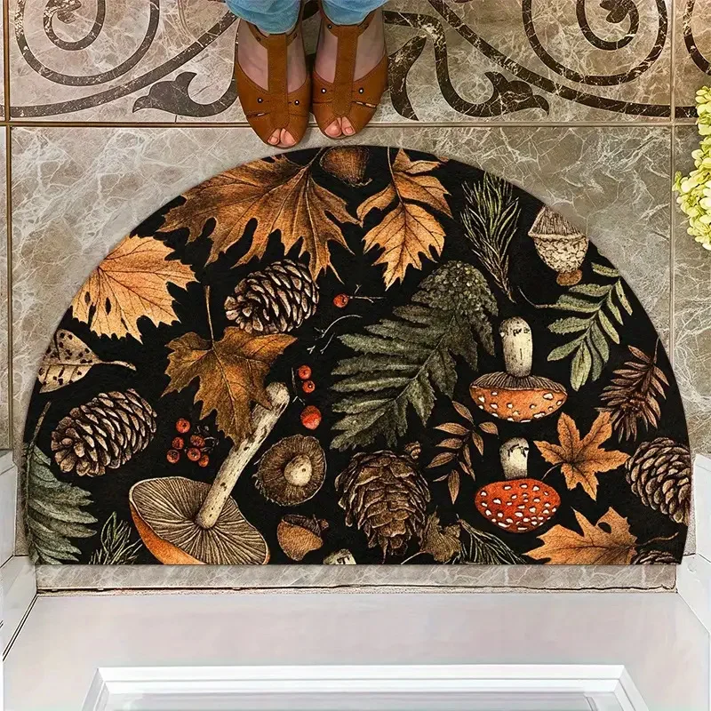 VIKAMA Retro Forest Plant Half circle Floor Mat Autumn Mushroom Anti slip Door Mat Black Bottom Anti dirt Carpet