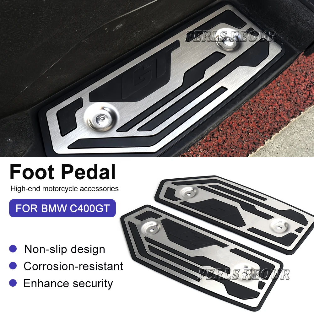 Foot pedal kit, foot pedals, footplates and accessories for the 2025 BMW C 400 GT motorcycle; foot pads, black and silver.
