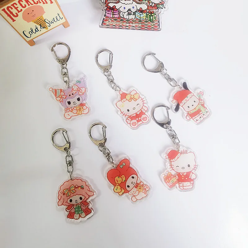 Christmas Anime Sanrios Doll Keychain Kawaii New Year Hello Kitty Kuromi My Melody Cinnamoroll Pochacco Party Charm Decor Gifts