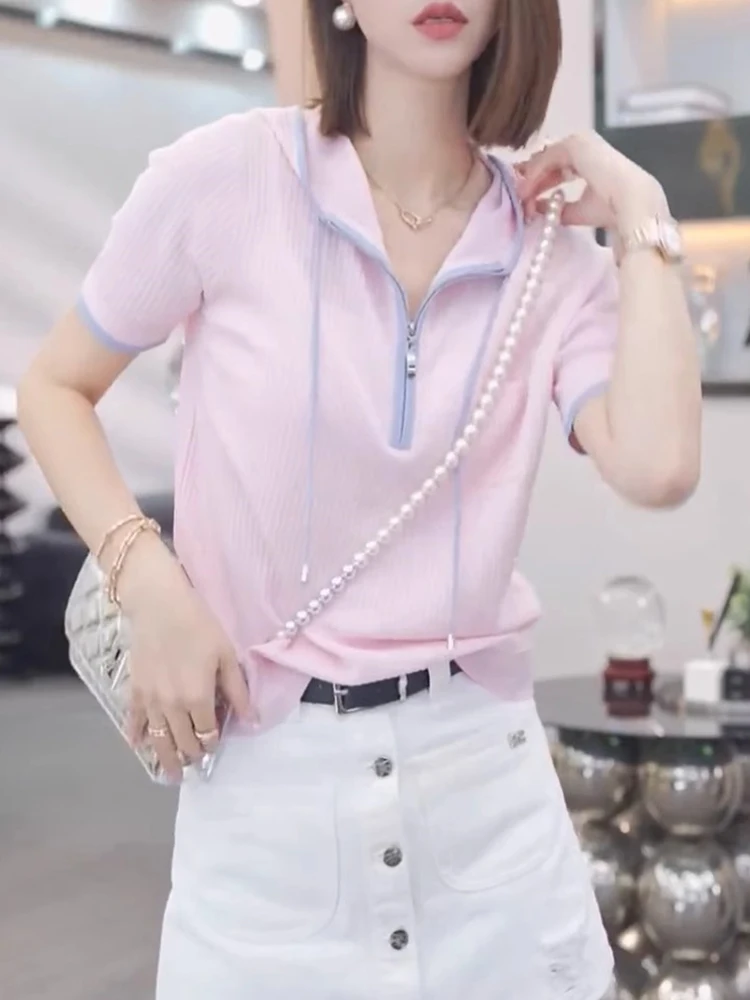 カジュアル通勤ファッショナブルなフード付きTシャツジッパーデザインまたはオーバーヘッドベースTシャツアンチエイジング女性用トップシルク素材