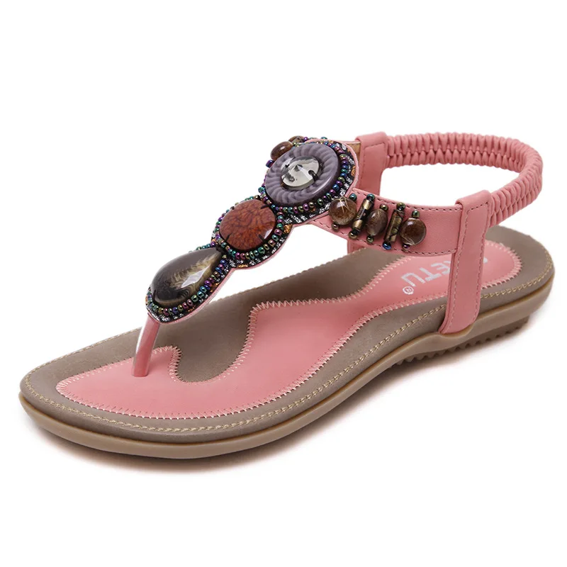 SIKETU Brand Summer Fashion 2022 BOHO Retro Beaded Jeweled Sandals donna Beach tacchi piatti Extoic Sweet T-strap Shoes Clip Toe 42