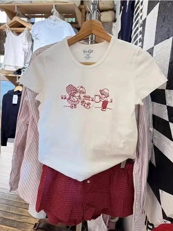 

Brandy Girl BM Новая круглая футболка из чистого хлопка Ne White Girl с вышивкой ort Sve Женская футболка с пряным плечом Верхняя часть тела