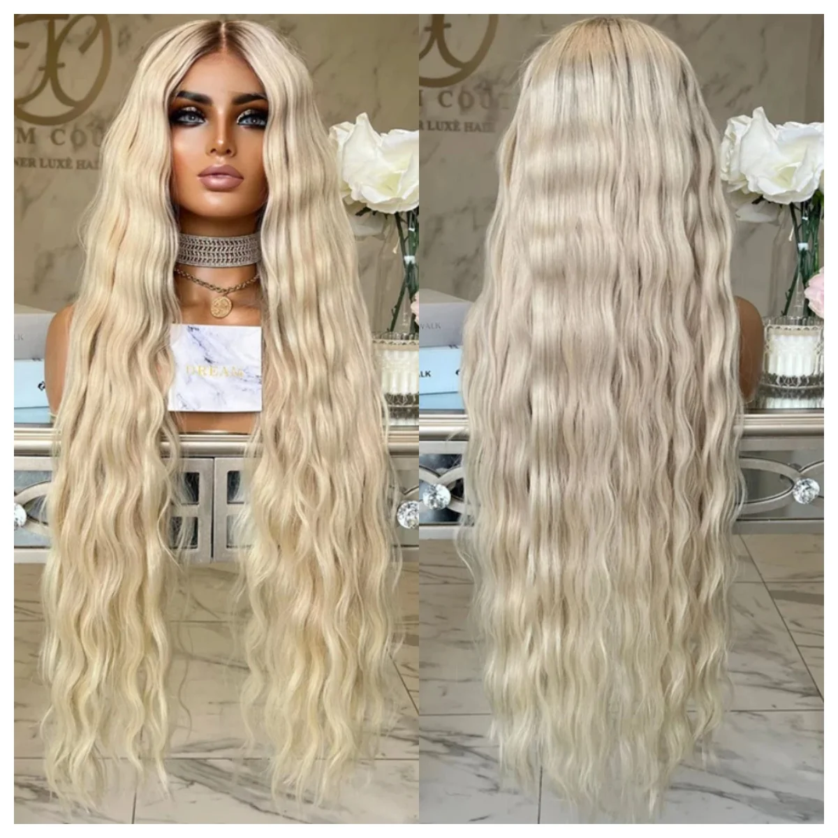 

Long Natural Ash Blonde Curly Short Dark Root Ash Blonde Body Wave Wig Ombre HD Invisible Lace Front Wig Layered Middle Part Wig