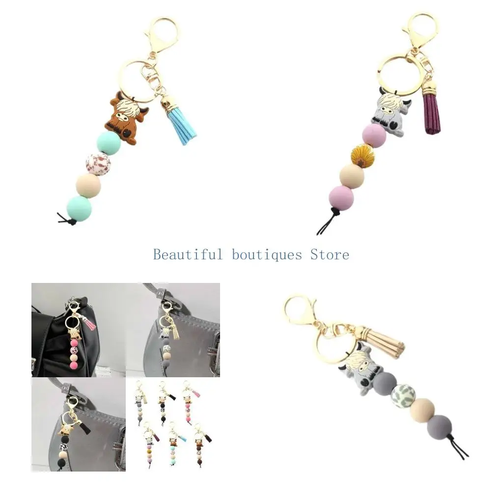 U4LF Highland Cow Keychain with Tassels Silicone Bead and Animal Keyring Bag Pendant