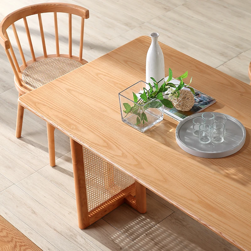 Nordic solid wood dining table, rattan woven rectangular table and chairs, simple oak one table, four chairs, dining table