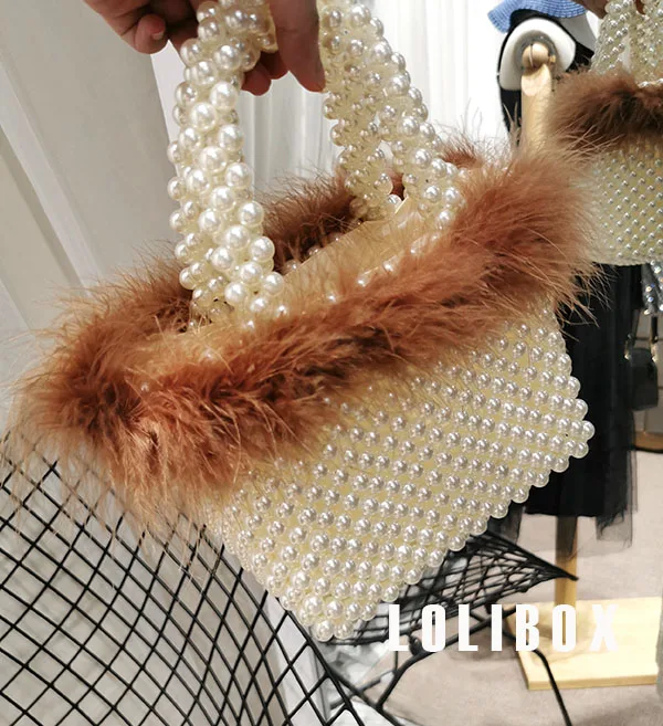 Wedding Party Luxury Ostrich Hair Pearl Beading Evening Bag Beads Beaded Woven Handmade Women Handbag Shoulder Crossbody Bag