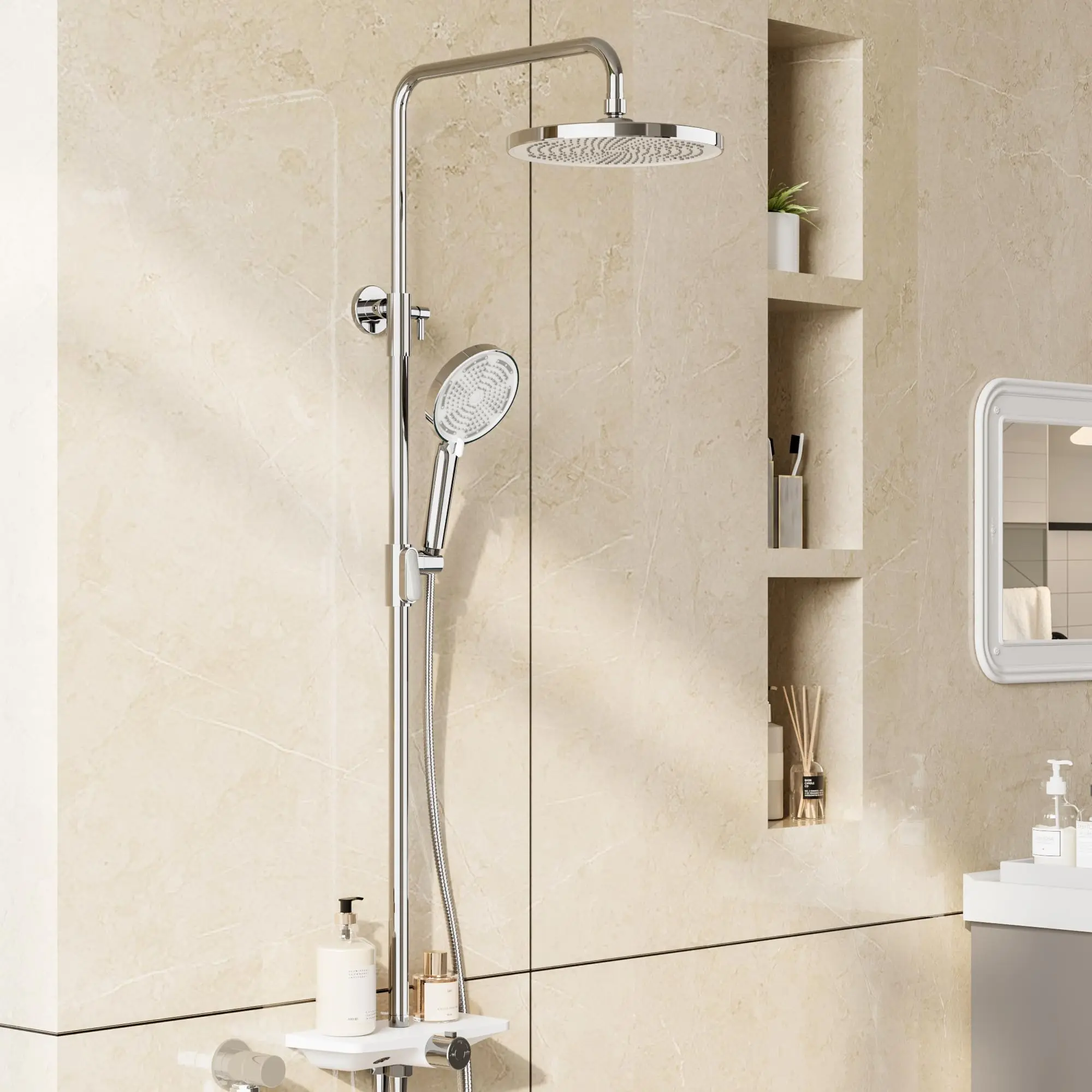 Système de douche pluie rond en acier inoxydable de 25 cm avec colonne réglable, rail et étagère, ensemble de douche suspendu (sans raccords inclus)