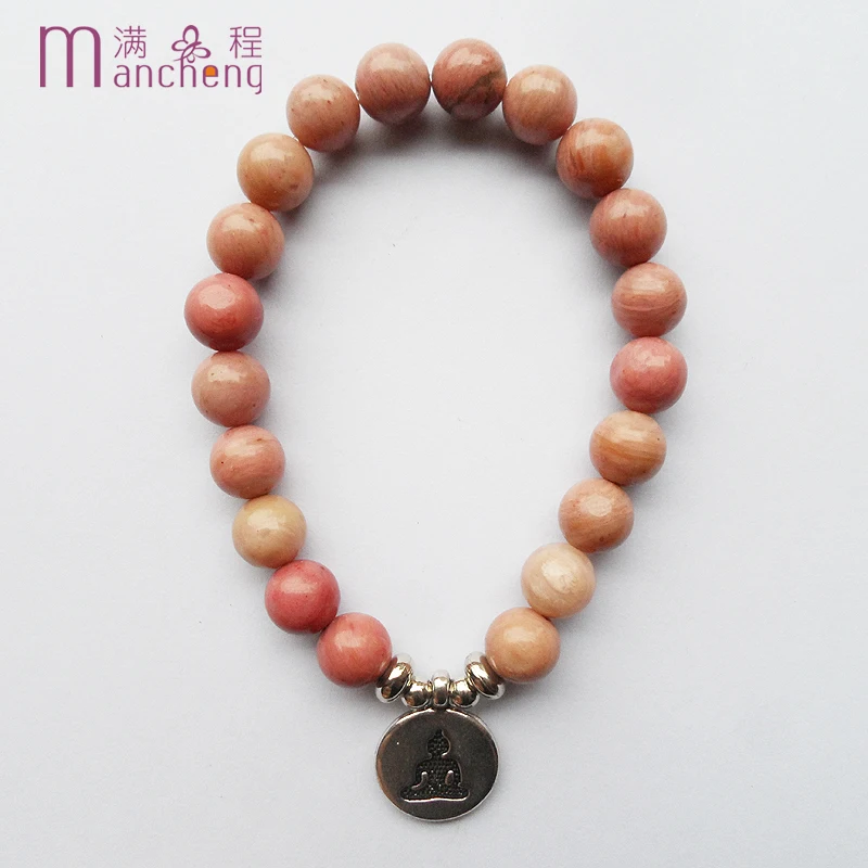 fnaf 2 rupee item Religious 8MM Natural Pink Rhodonites Bracelet Women Buddha Head Pendant Yoga Pulseras Mujer Bangle Man