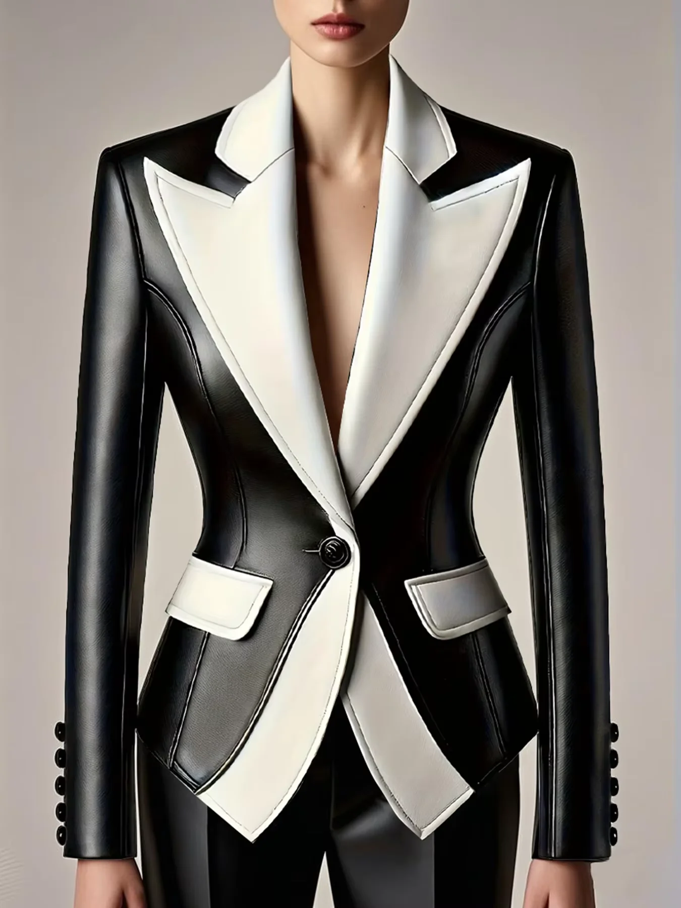 Blazer Kulit PU Blok Warna untuk Wanita Jaket Lengan Panjang Kerah Berlekuk Kancing Tunggal Pakaian Luar Wanita Kantor Musim Gugur Atasan Bergaya