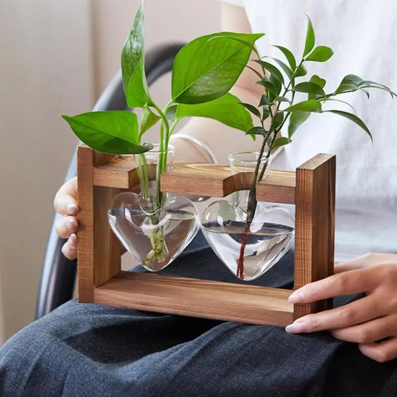 Wooden Stand Glass Propagation Station Multi Plant Hydroponic Vase Tabletop Display for Home Office Nursery