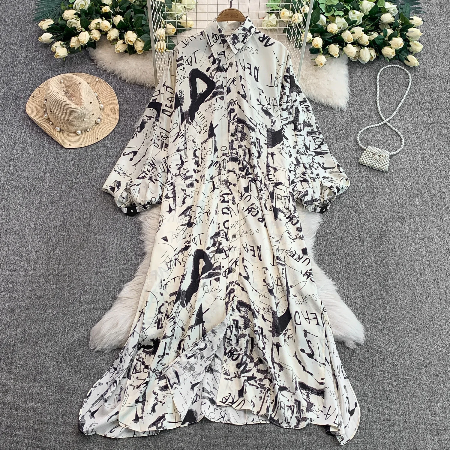 

Retro Ink Print Lapel Lantern Sleeve Dress Women Summer Casual Loose Irregular Hem Long Beach Dress 2025 Boho Vacation Vestidos